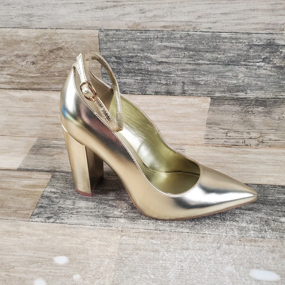 Nine West Plana 3 Womens Pumps Sz 6.5 M Metallic Gold Pointed Toe Ankle Strap